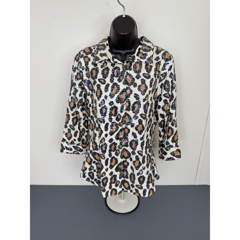 Sandy Starkman Women's Sequined Leopard Print Button Down Top Multi Size Medium